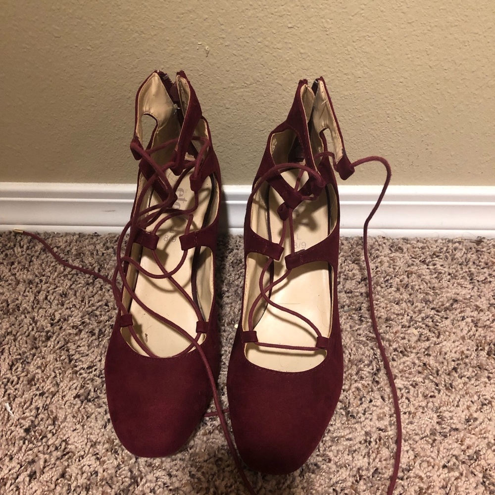 Burgundy Lace Up Block Heels